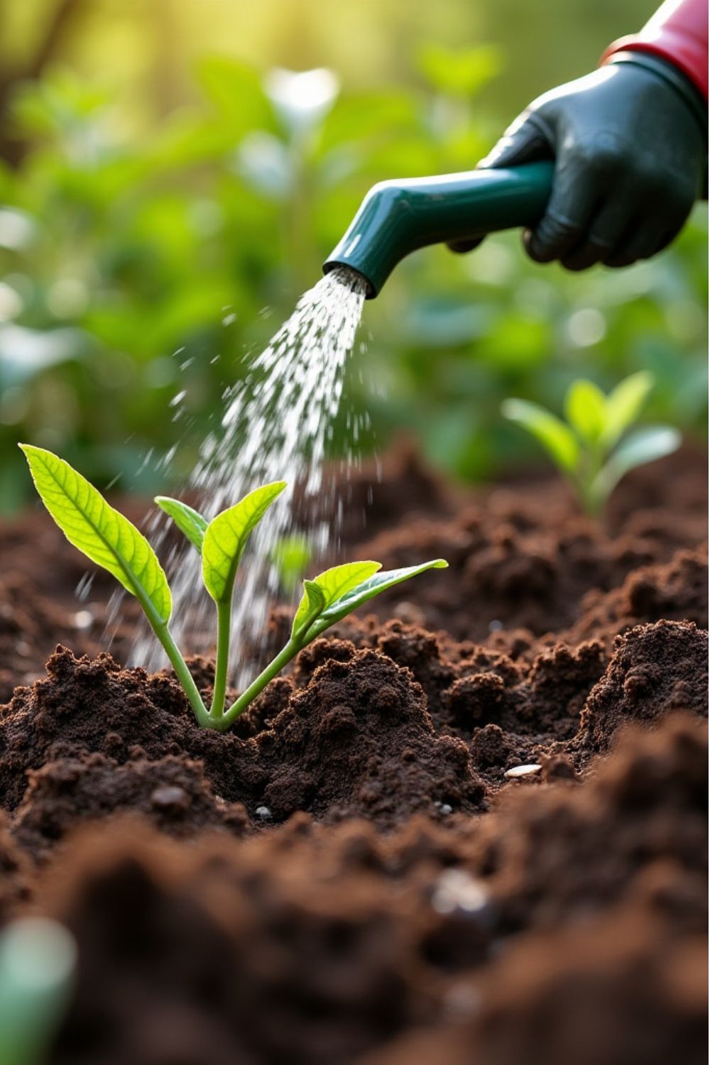 Watering young plants in coconut coir growing media